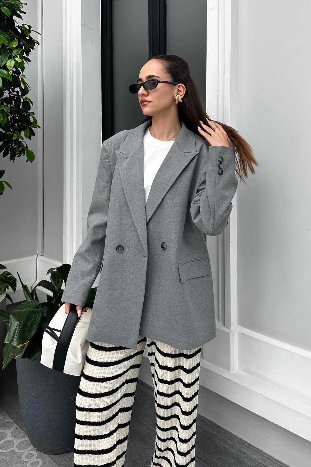 Gri Oversize Blazer Ceket - Kadın Blazer Ceket Modelleri - Nazliye Moda - Kadın Giyim Modası