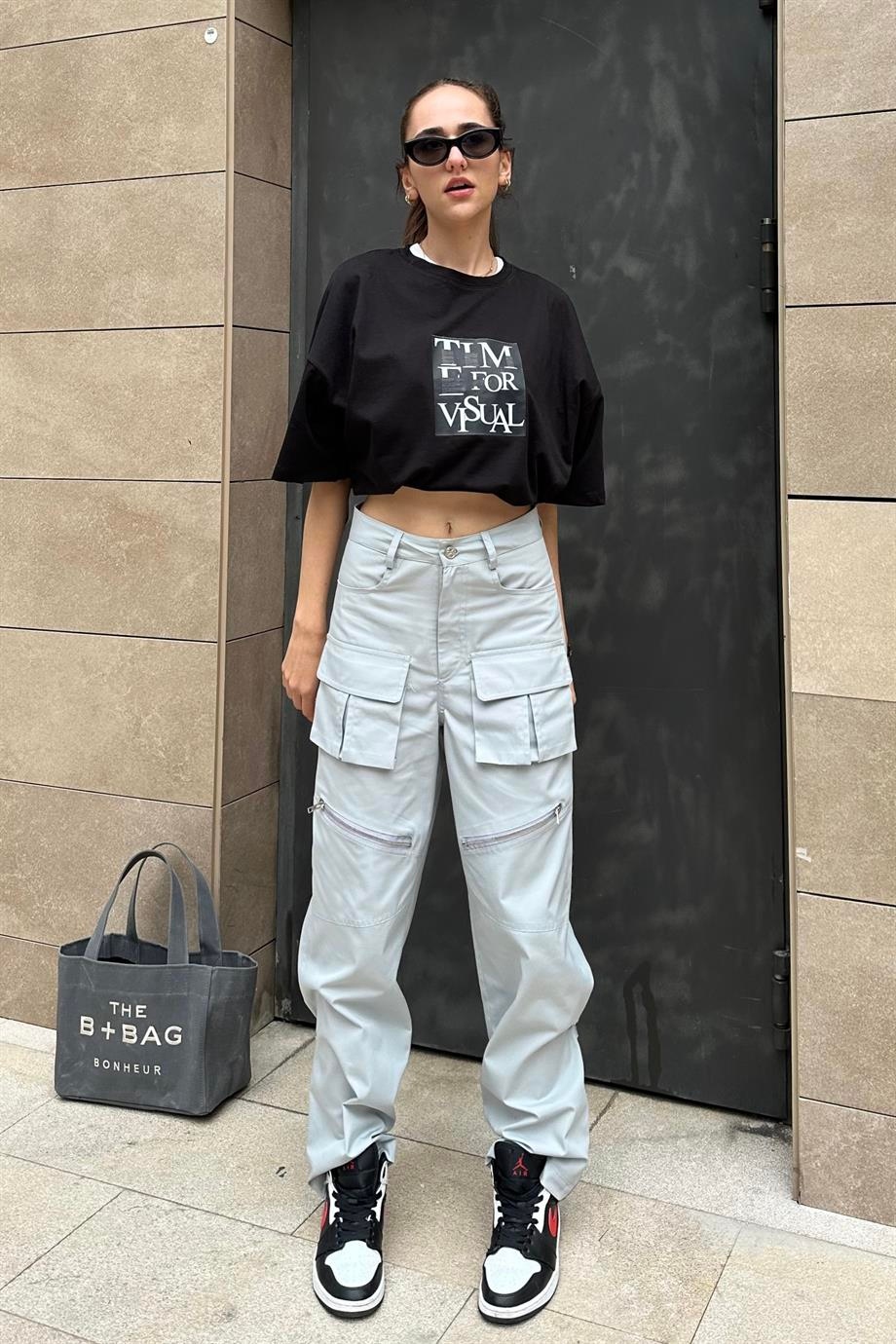 Gri Tasarım Paraşüt Pantolon - Kadın Pantolon Modelleri - Nazliye Moda | Kadın Giyim Modası