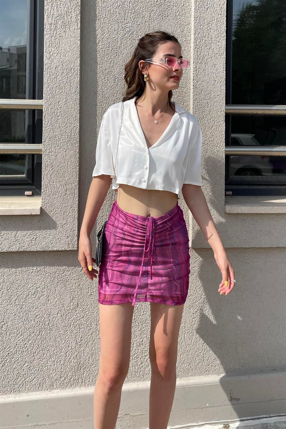 Gül Kurusu Büzgülü Tül Mini Etek - Kadın Etek Modelleri - Nazliye Moda | Kadın Giyim Modası