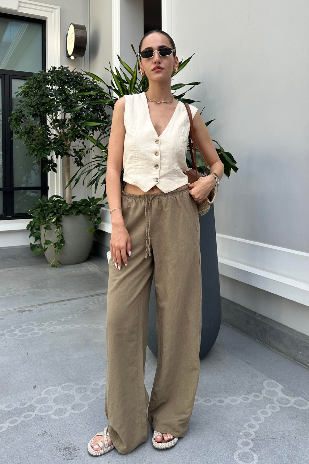 Haki Bağcıklı Keten Pantolon - Kadın Takım Modelleri - Nazliye Moda - Kadın Giyim Modası
