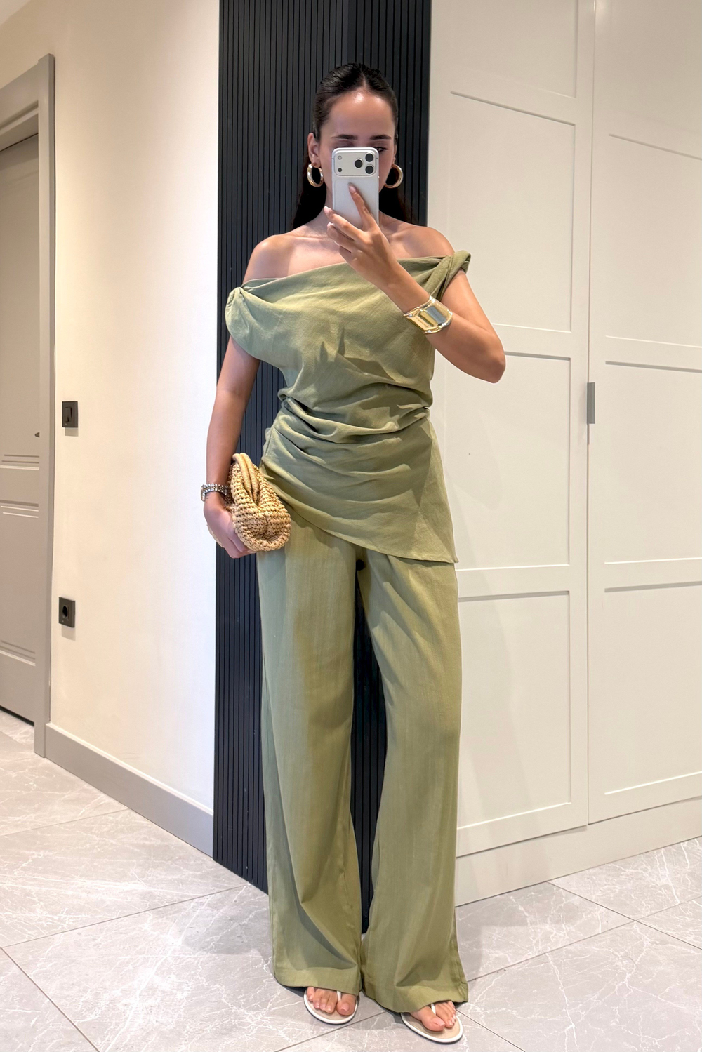 Haki Düşük Omuz Keten Takım - Kadın Takım Modelleri - Nazliye Moda | Kadın Giyim Modası