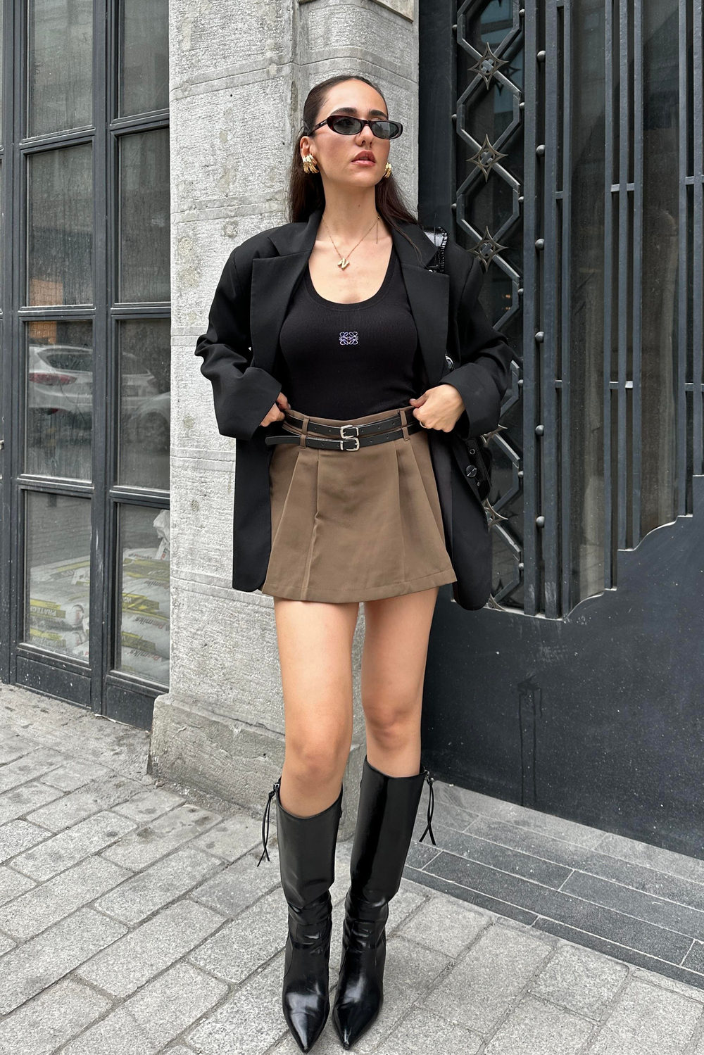 Haki Kemerli Şort Etek - Kadın Etek Modelleri - Nazliye Moda - Kadın Giyim Modası