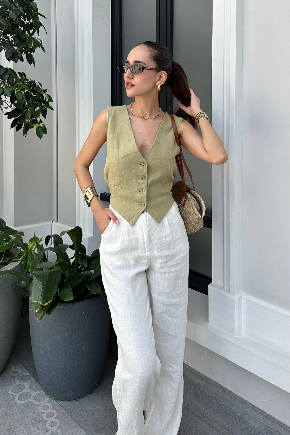 Haki Premium Ham Keten Yelek - Kadın Yelek Modelleri - Nazliye Moda - Kadın Giyim Modası
