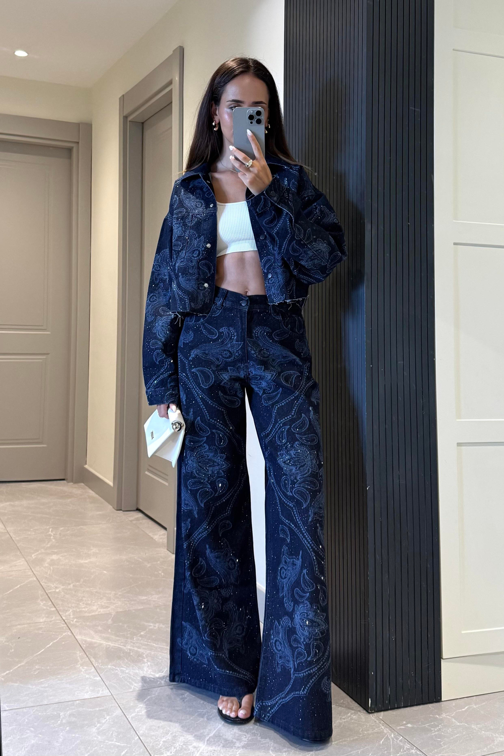 İndigo Mavi Baskı Detay Taşlı Premium Jean - Kadın Jean Modelleri - Nazliye Moda | Kadın Giyim Modası