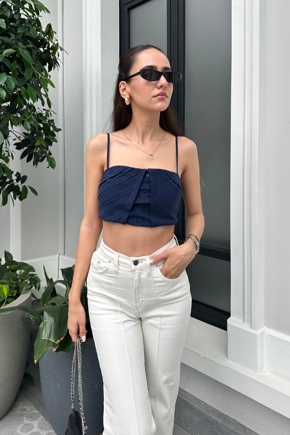 İndigo Mavi İp Askı Crop Büstiyer - Kadın Büstiyer Modelleri - Nazliye Moda - Kadın Giyim Modası
