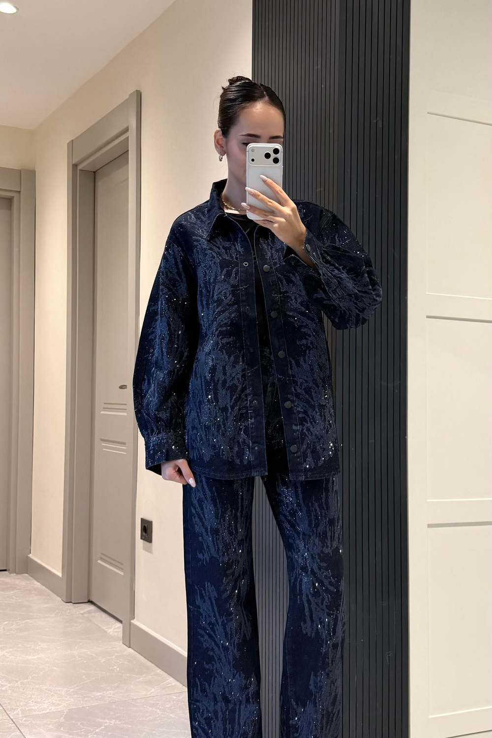İndigo Mavi Lazer Baskı Taşlı Ceket - Kadın Ceket Modelleri - Nazliye Moda | Kadın Giyim Modası