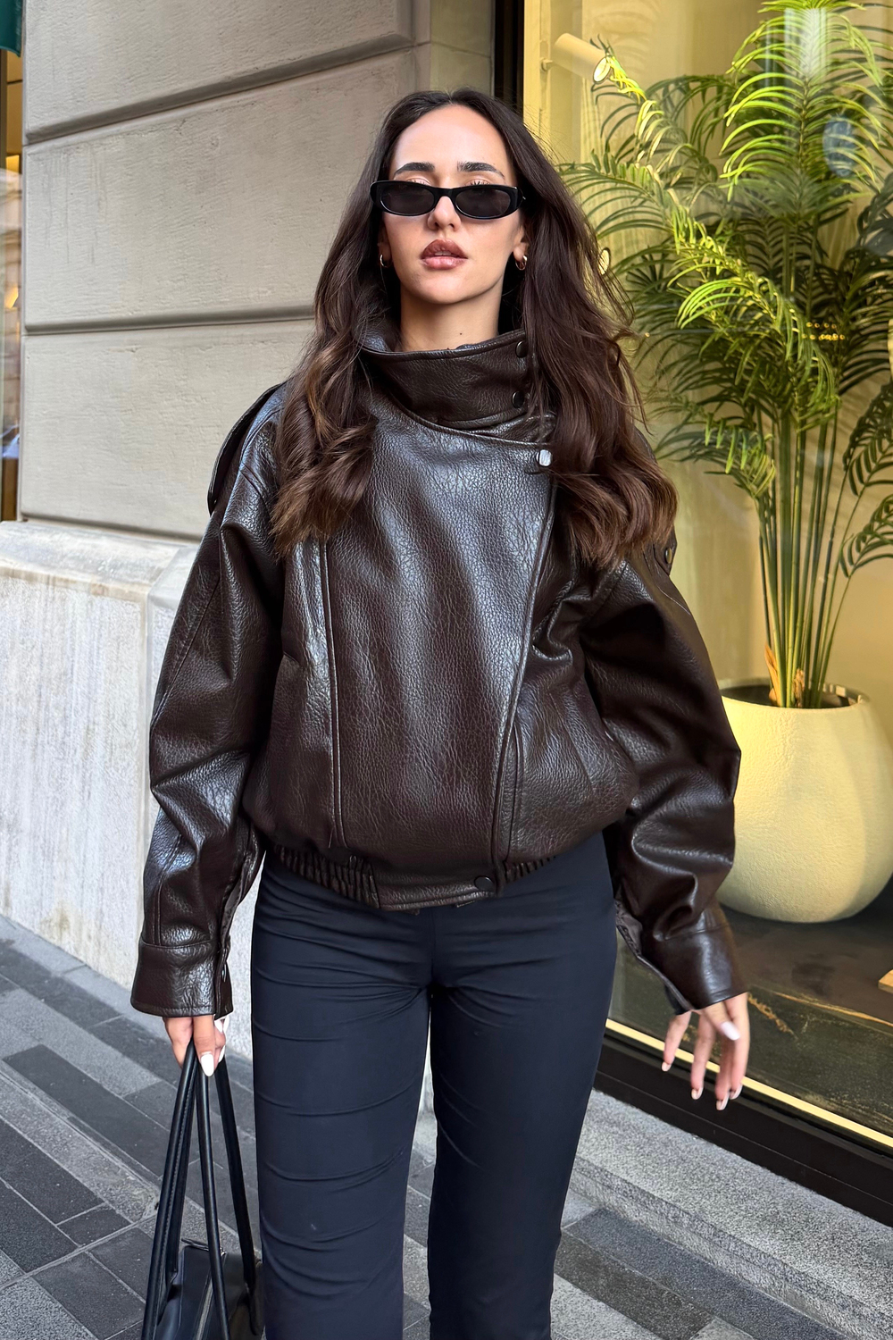 Kahve Dik Yaka Deri Ceket - Kadın Ceket Modelleri - Nazliye Moda | Kadın Giyim Modası