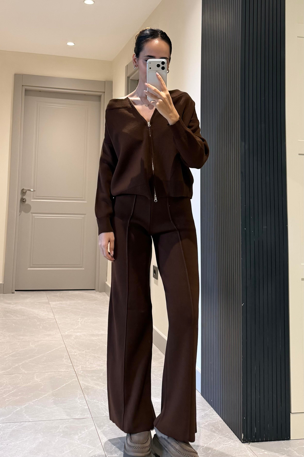 Kahve Fermuar Detaylı Triko Takım - Kadın Takım Modelleri - Nazliye Moda | Kadın Giyim Modası