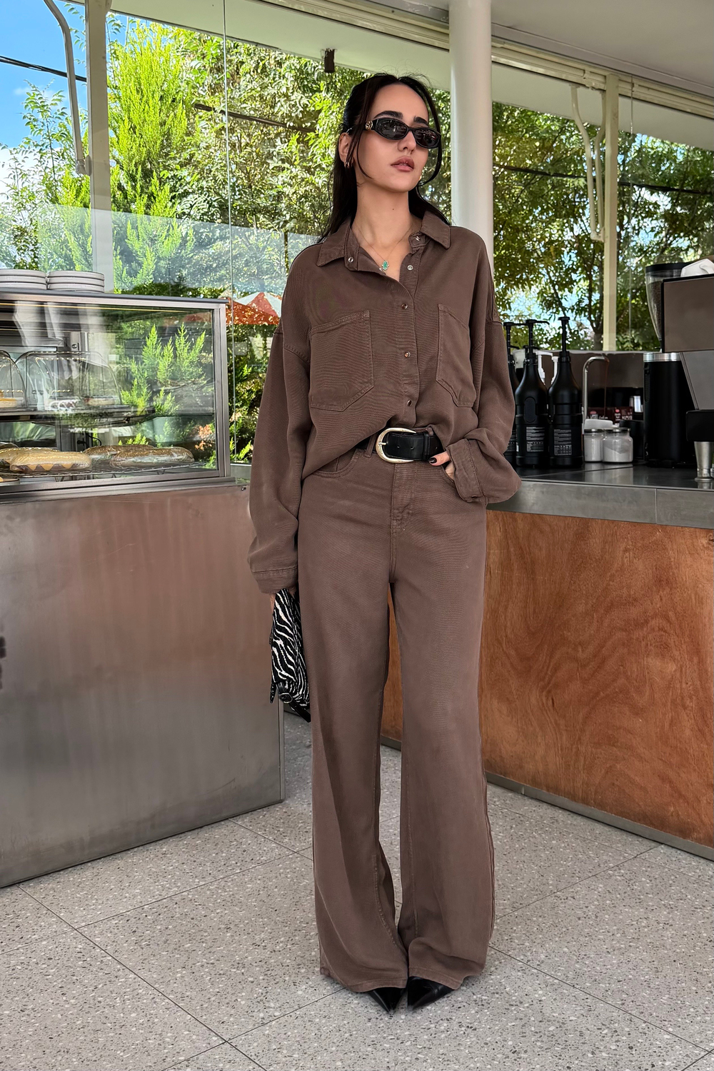 Kahve Gömlek Pantolon Tencel Takım - Kadın Takım Modelleri - Nazliye Moda | Kadın Giyim Modası