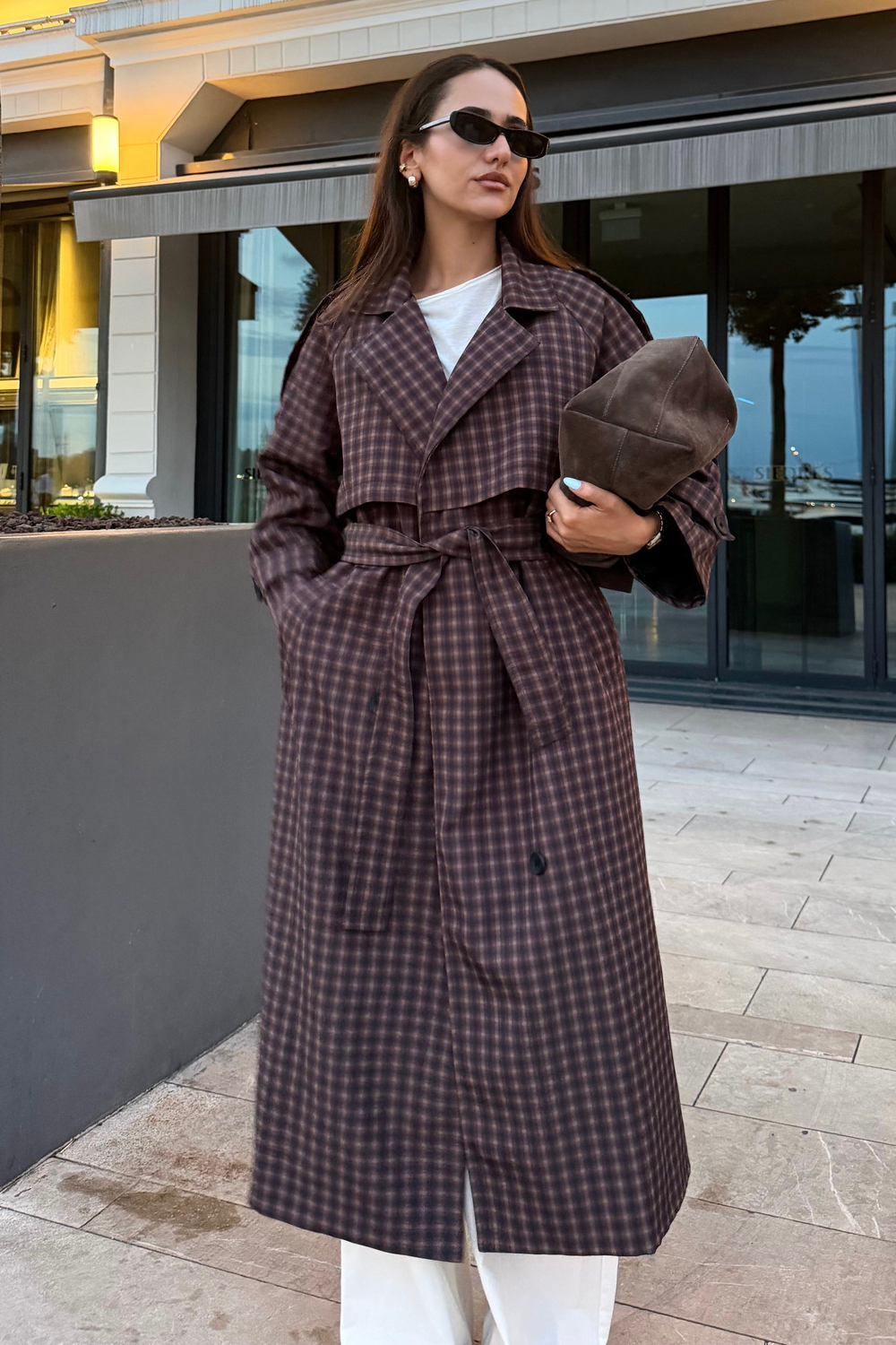 Kahve Oversize Ekose Beli Kuşaklı Trençkot - Kadın Trençkot Modelleri - Nazliye Moda | Kadın Giyim Modası