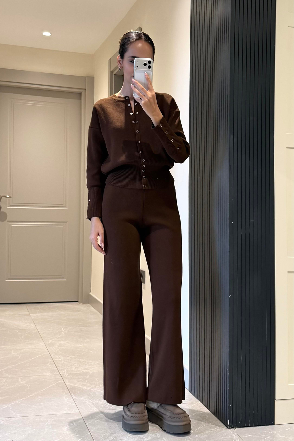 Kahverengi Düğmeli Triko Takım - Kadın Takım Modelleri - Nazliye Moda | Kadın Giyim Modası