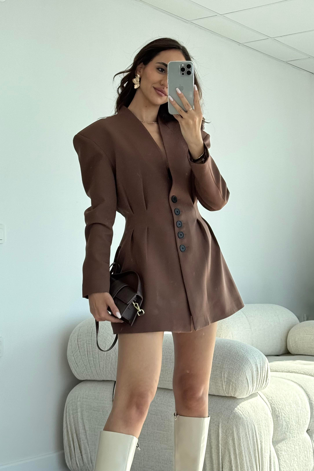 Kahverengi Pens Detaylı Etek Ceket Takım - Kadın Takım Modelleri - Nazliye Moda | Kadın Giyim Modası