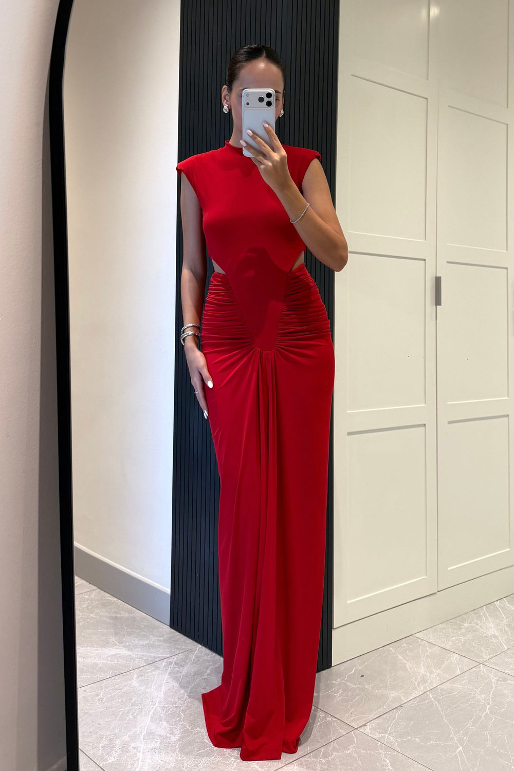 Kırmızı Kolsuz Bel Dekolteli Drape Uzun Elbise - Kadın Elbise Modelleri - Nazliye Moda | Kadın Giyim Modası