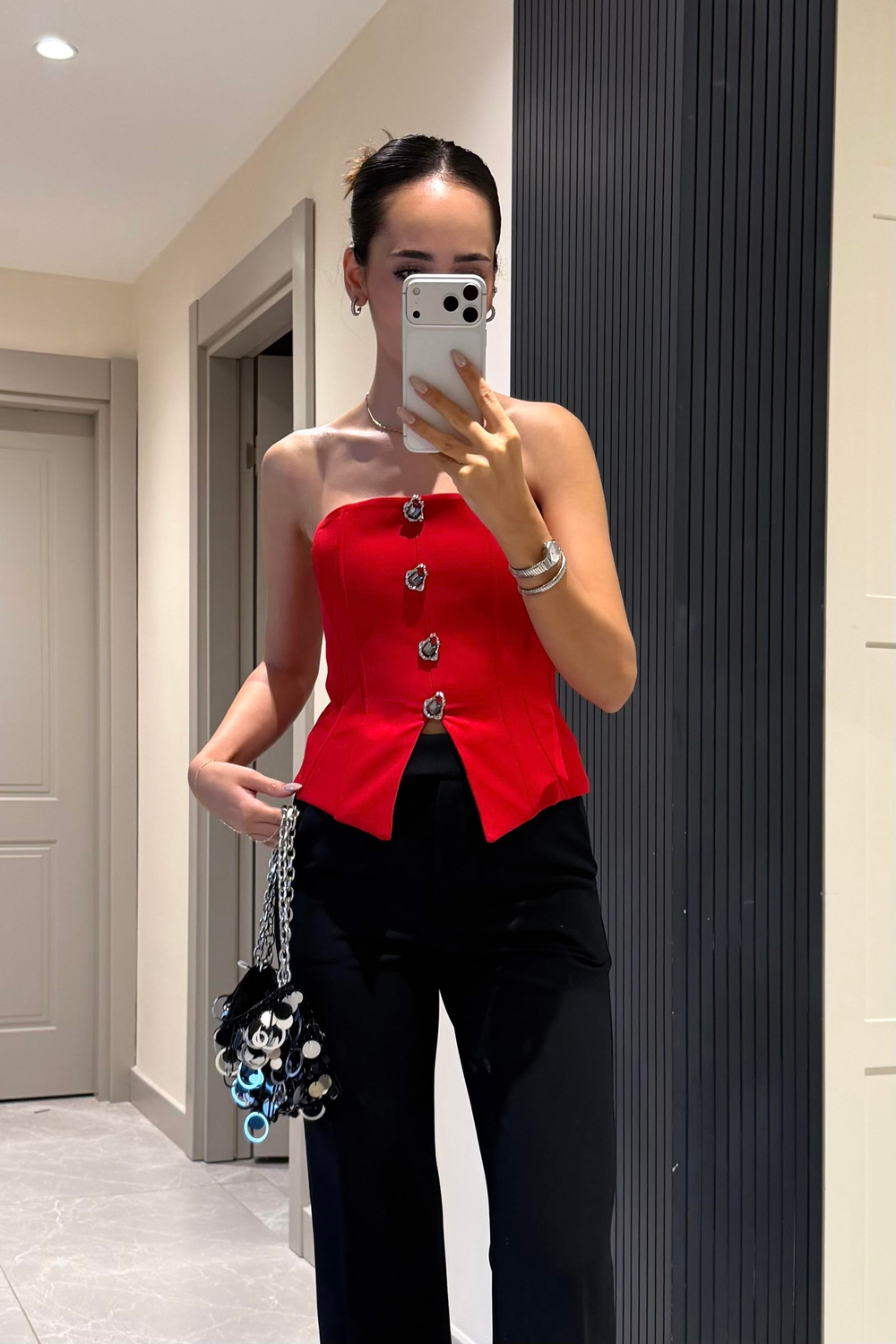 Kırmızı Taş Düğmeli Korse Bluz - Kadın Bluz Modelleri - Nazliye Moda | Kadın Giyim Modası