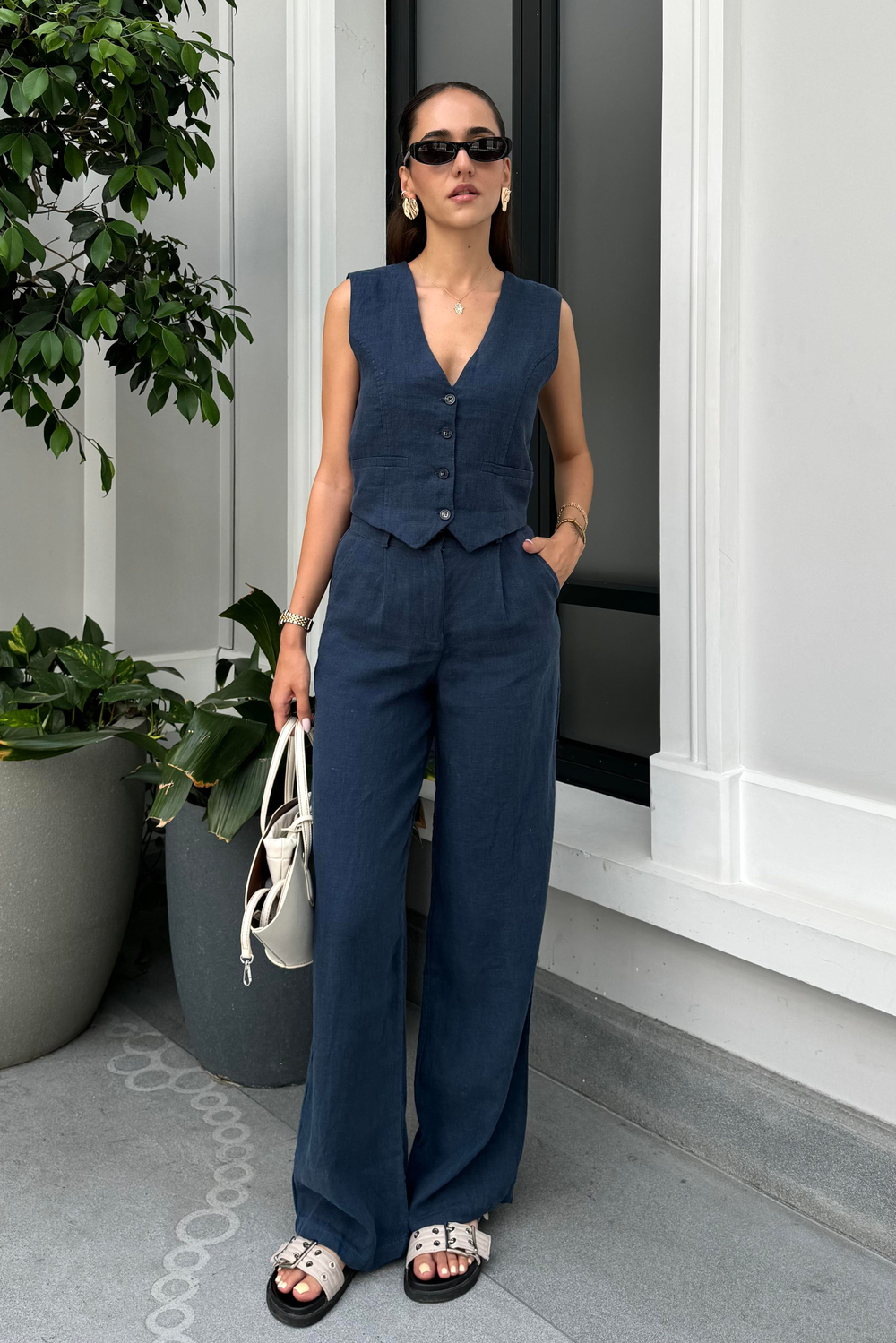Lacivert Premium Keten Takım - Kadın Takım Modelleri - Nazliye Moda - Kadın Giyim Modası