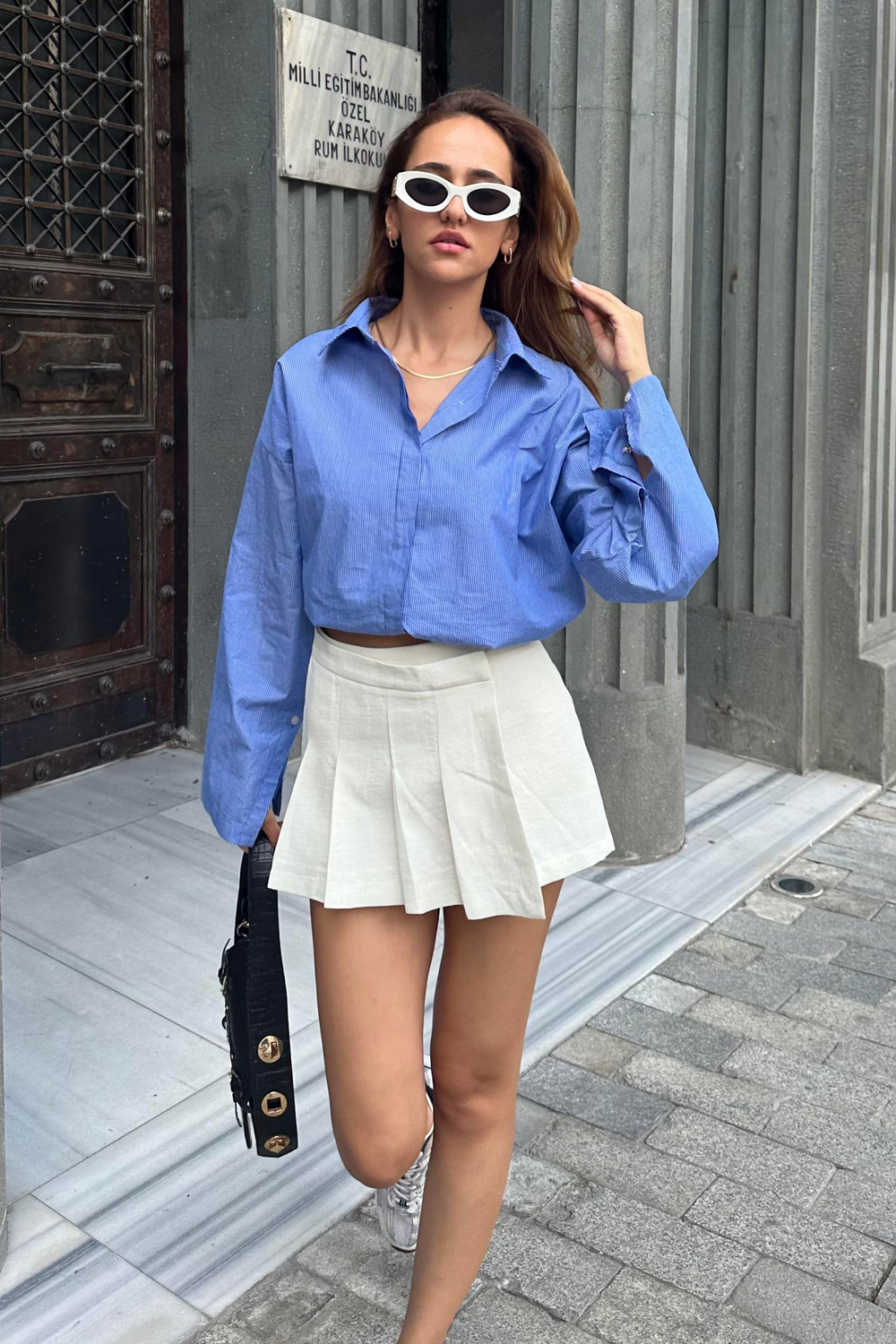 Mavi Çizgili Tasarım Gömlek - Kadın Gömlek Modelleri - Nazliye Moda | Kadın Giyim Modası