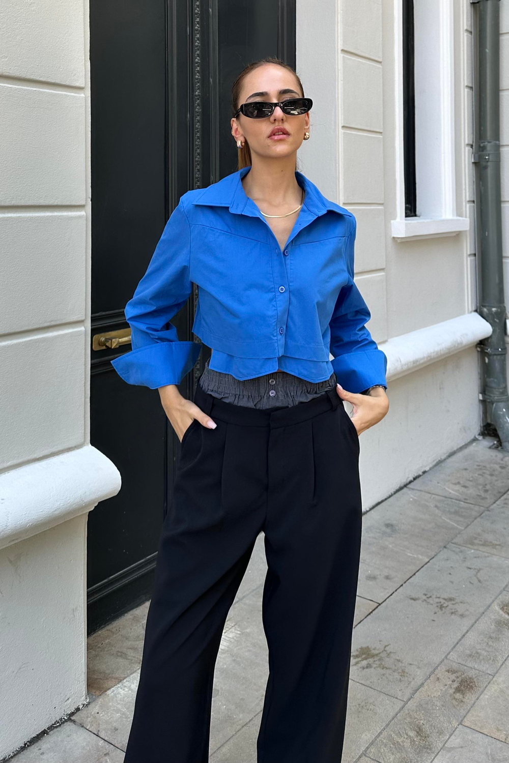 Mavi Crop Gömlek - Kadın Gömlek Modelleri - Nazliye Moda | Kadın Giyim Modası