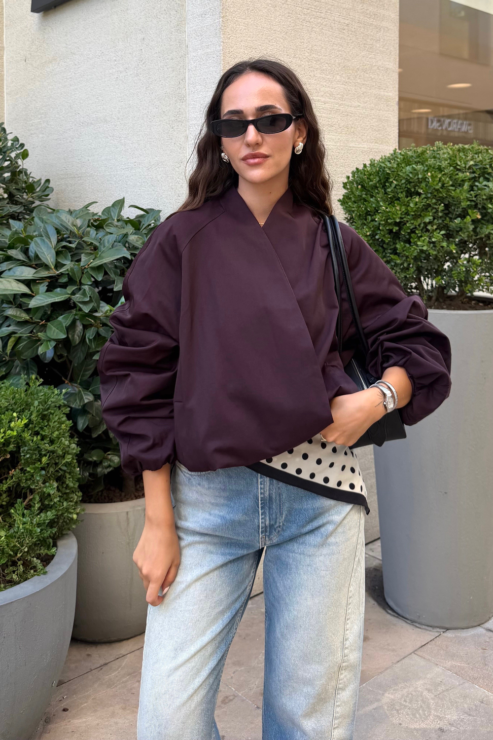 Mürdüm Kruvaze Yaka Bomber Ceket - Kadın Ceket Modelleri - Nazliye Moda | Kadın Giyim Modası