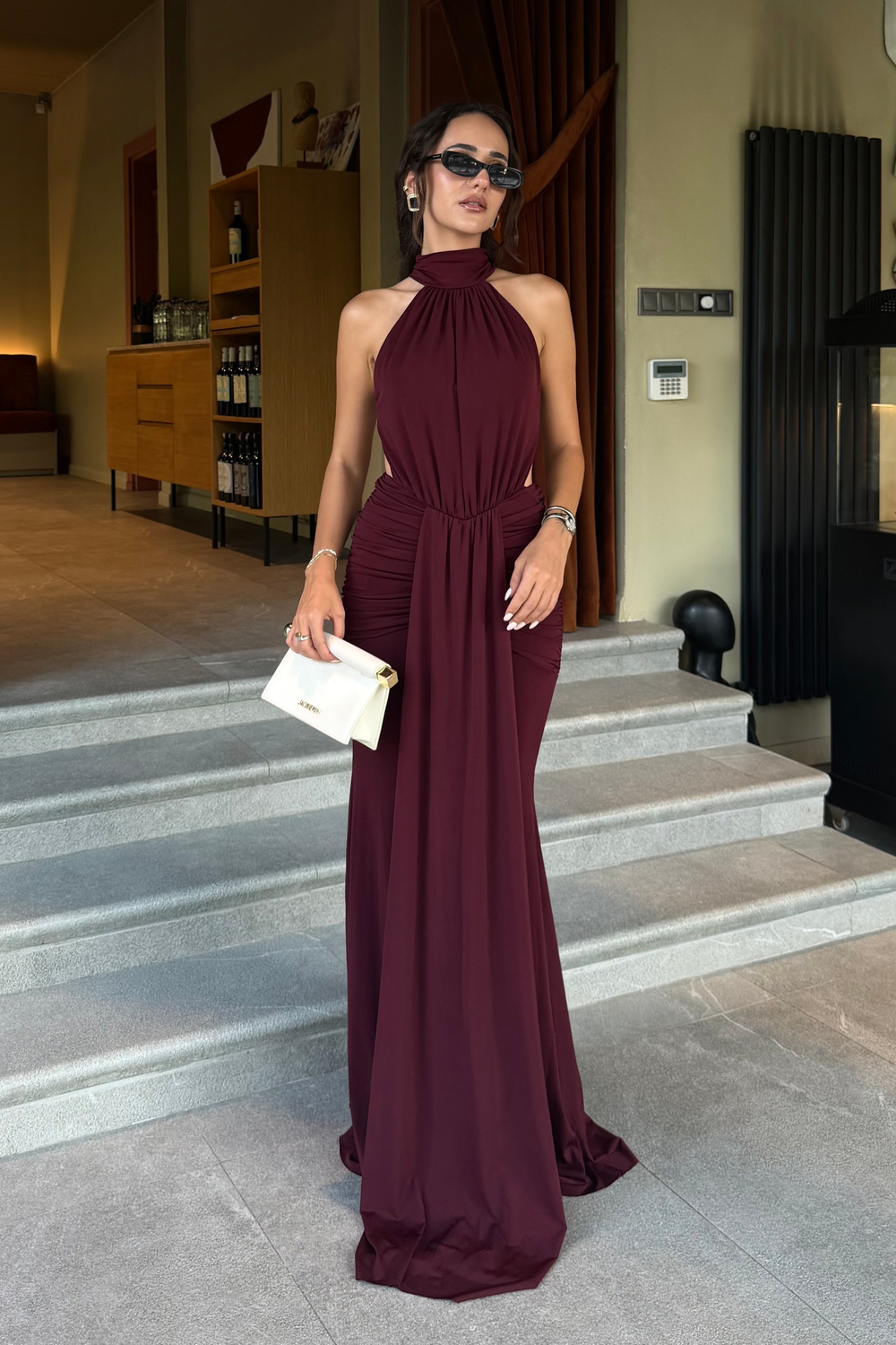 Mürdüm Sırt Dekolte Drape Elbise - Kadın Elbise Modelleri - Nazliye Moda | Kadın Giyim Modası