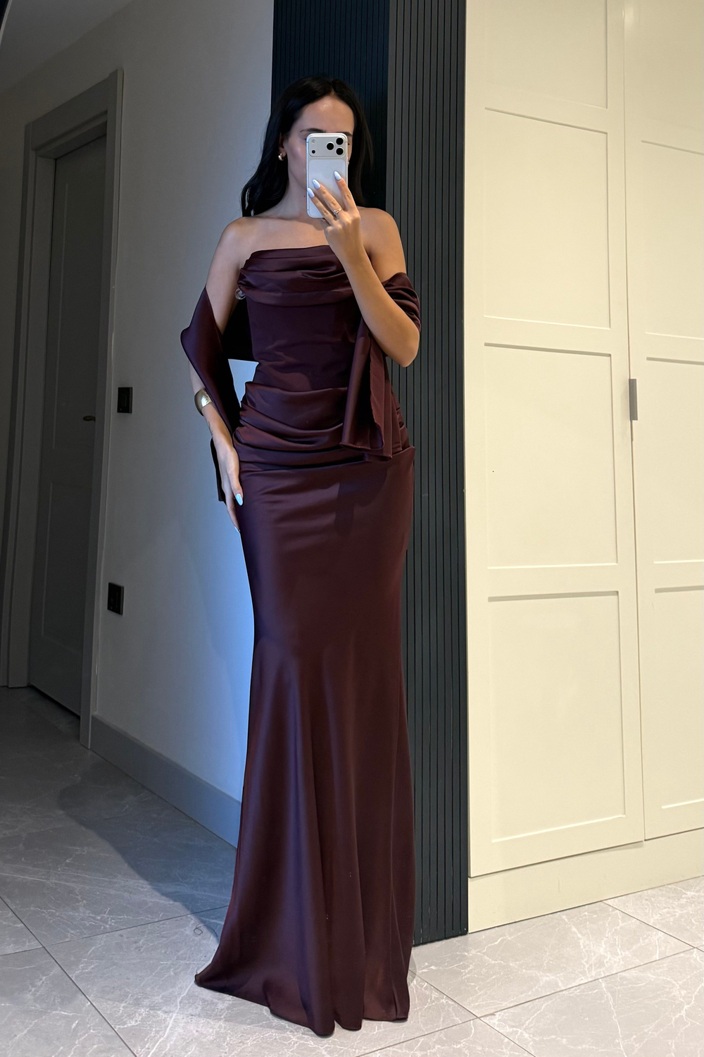 Mürdüm Straplez Fularlı Korse Elbise - Kadın Elbise Modelleri - Nazliye Moda | Kadın Giyim Modası
