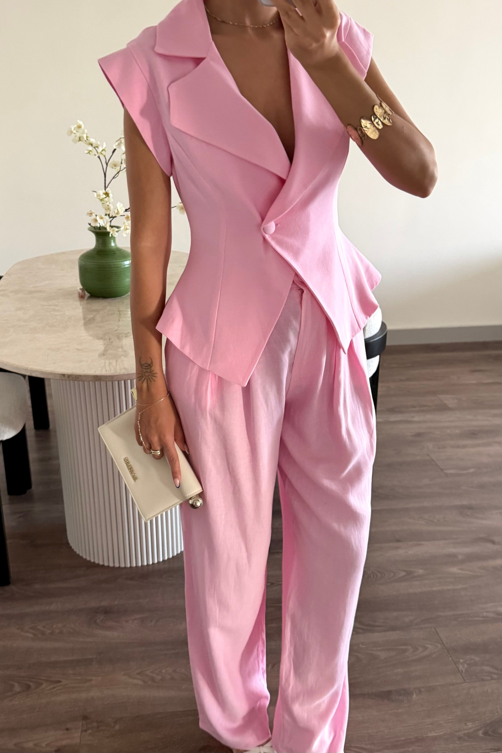 Pembe Kolsuz Ceket Keten Takım - Kadın Takım Modelleri - Nazliye Moda | Kadın Giyim Modası