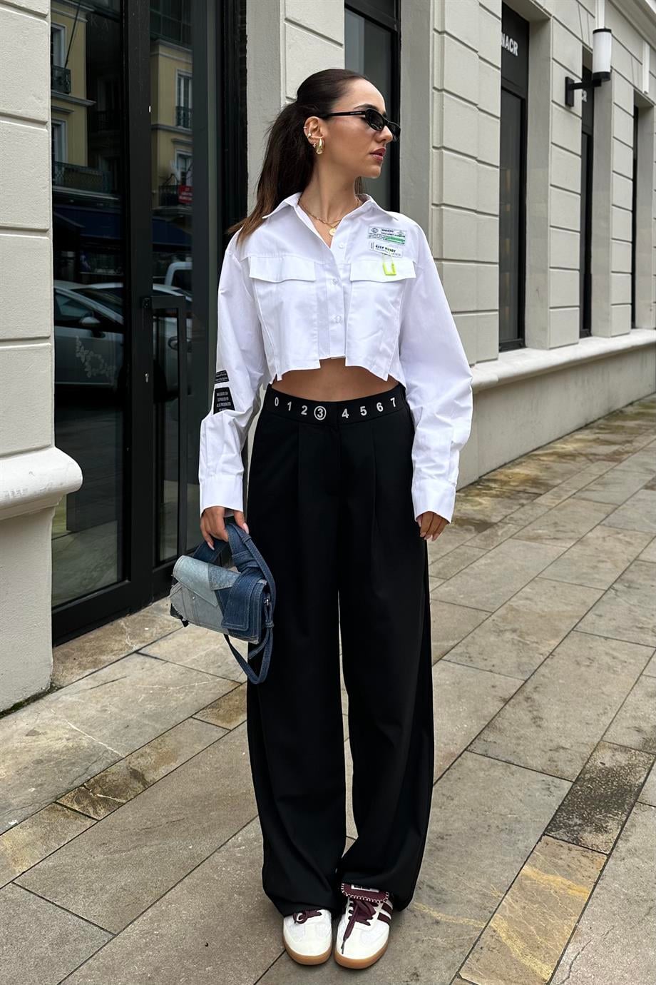 Siyah Bel Baskılı Dökümlü Pantolon - Kadın Pantolon Modelleri - Nazliye Moda - Kadın Giyim Modası