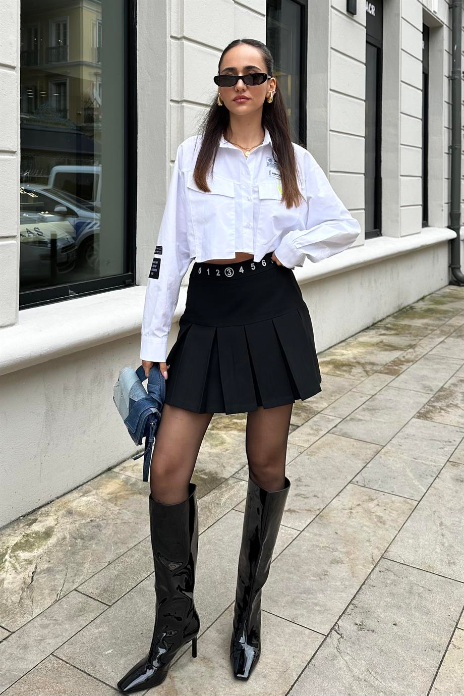 Siyah Bel Baskılı Şort Etek - Kadın Etek Modelleri - Nazliye Moda - Kadın Giyim Modası