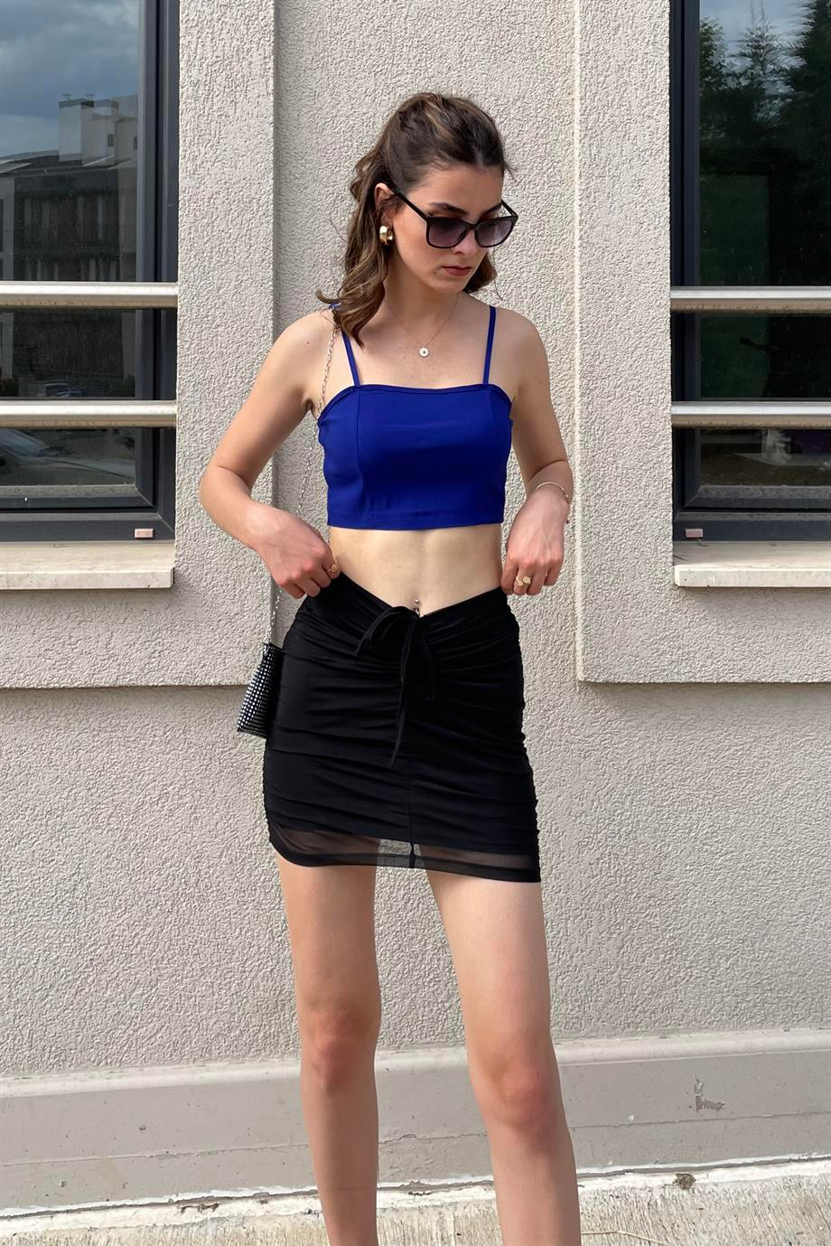 Siyah Büzgülü Tül Mini Etek - Kadın Etek Modelleri - Nazliye Moda | Kadın Giyim Modası