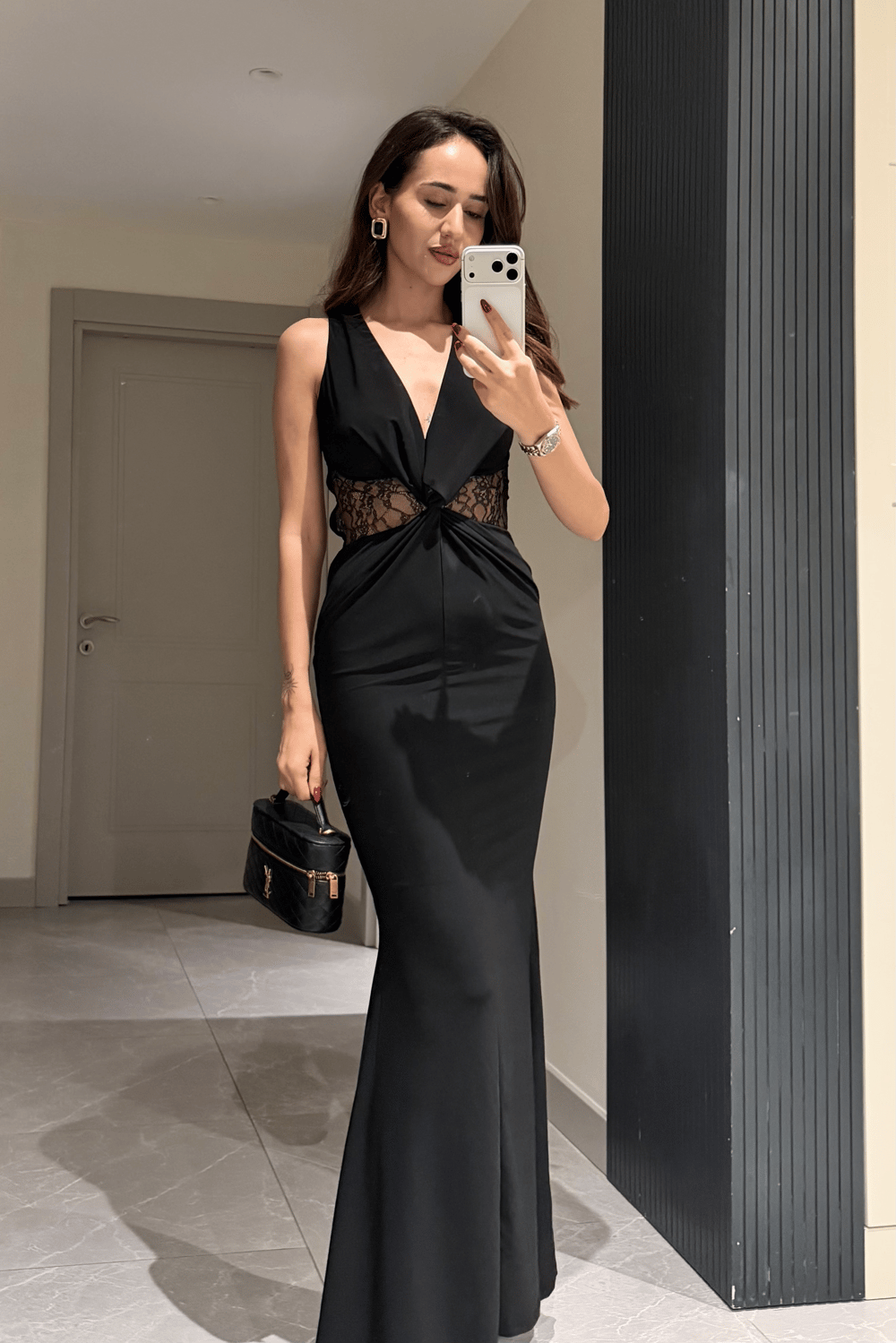 Siyah Dantelli Bel Uzun Elbise - Kadın Elbise Modelleri - Nazliye Moda | Kadın Giyim Modası