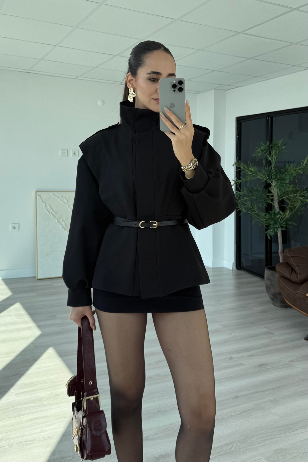 Siyah Kemer Detay Ceket (Ön Sipariş) - Kadın Ceket Modelleri - Nazliye Moda | Kadın Giyim Modası