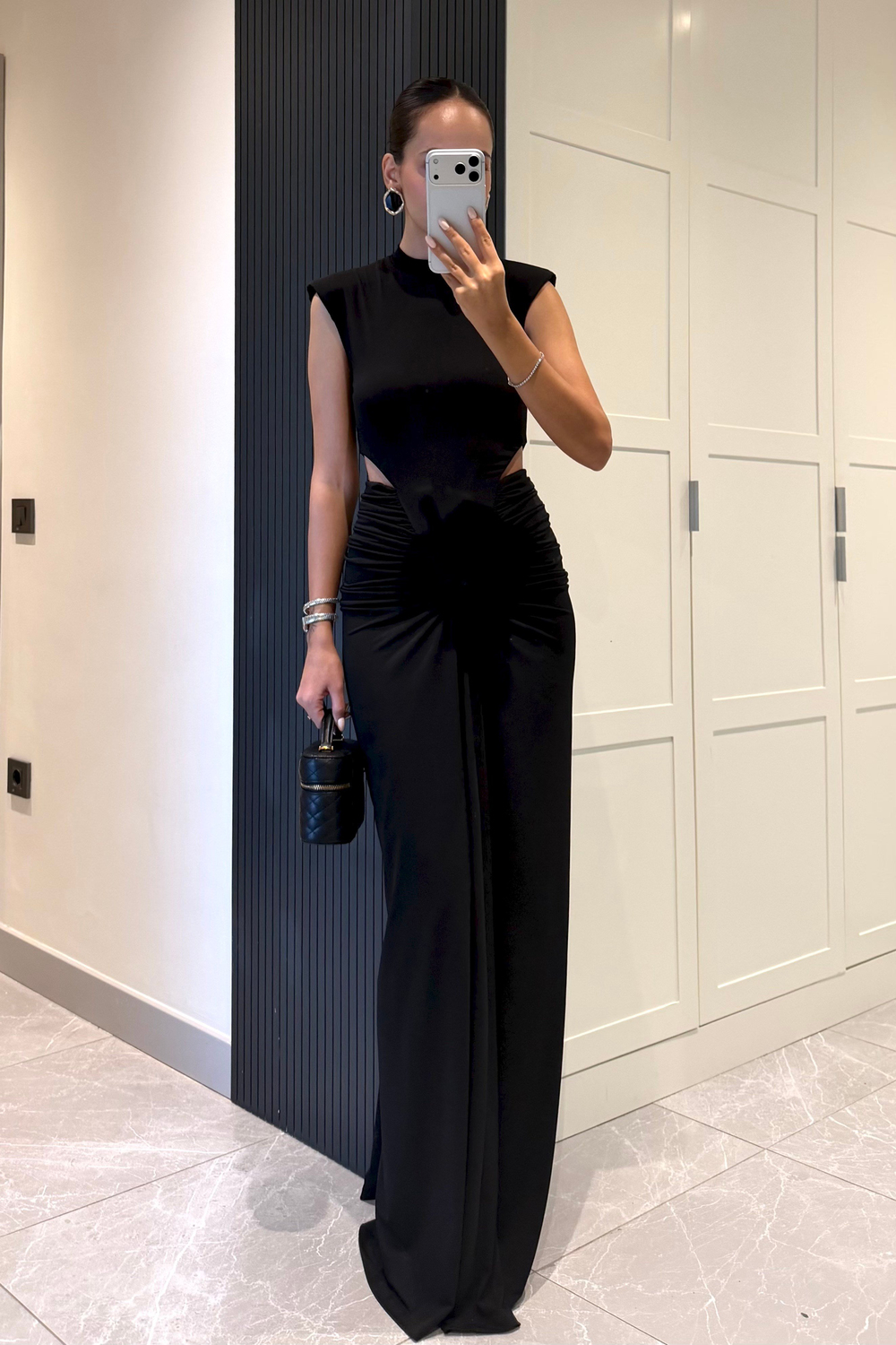 Siyah Kolsuz Bel Dekolteli Drape Uzun Elbise - Kadın Elbise Modelleri - Nazliye Moda | Kadın Giyim Modası