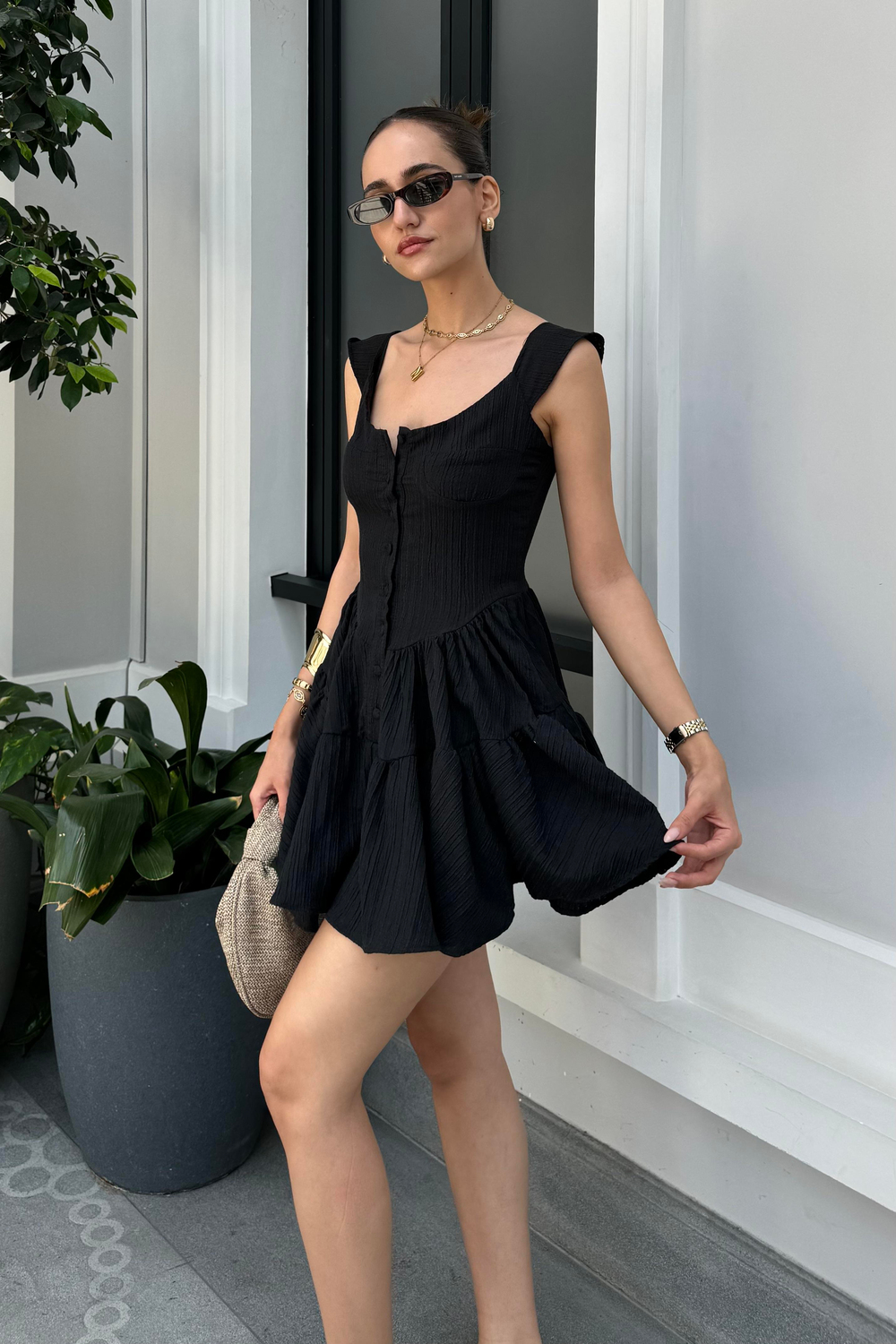 Siyah Mini Şort Elbise - Kadın Elbise Modelleri - Nazliye Moda - Kadın Giyim Modası