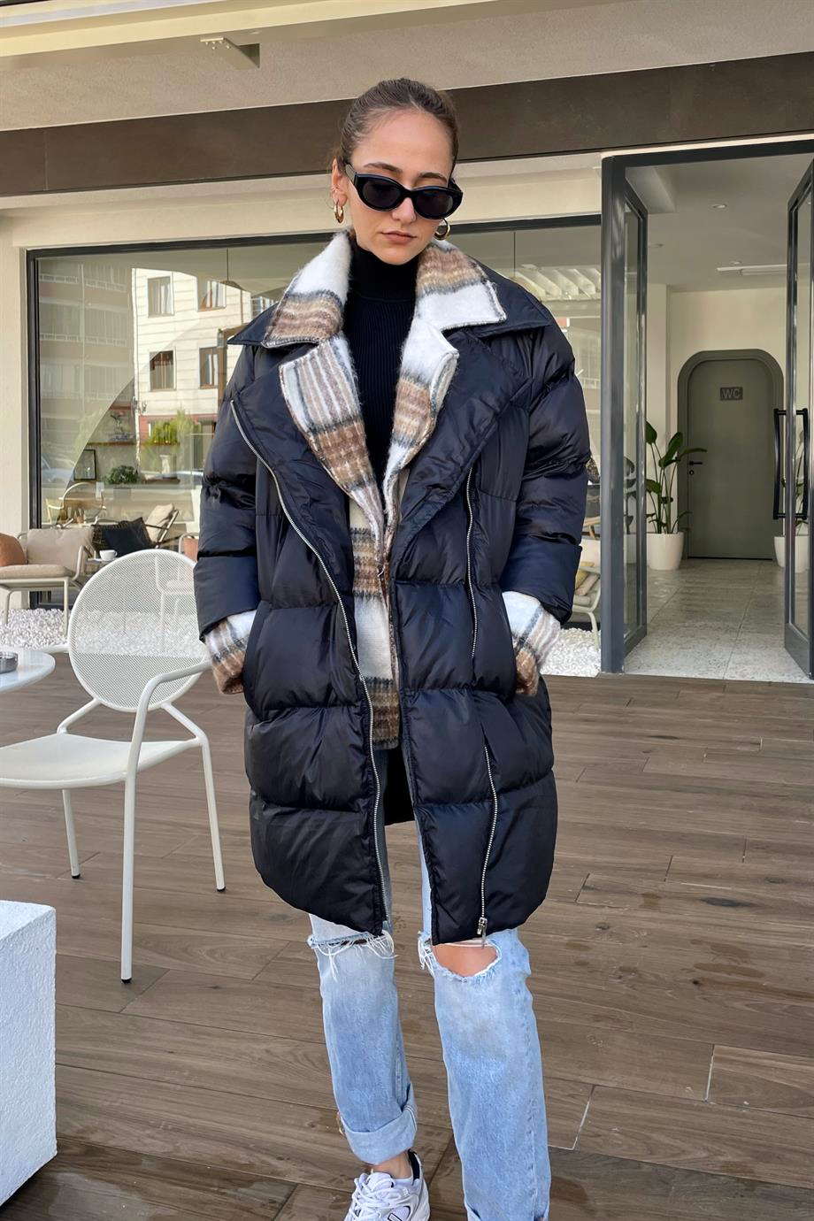 Siyah Tasarım Uzun Şişme Mont - Kadın Mont Modelleri - Nazliye Moda | Kadın Giyim Modası