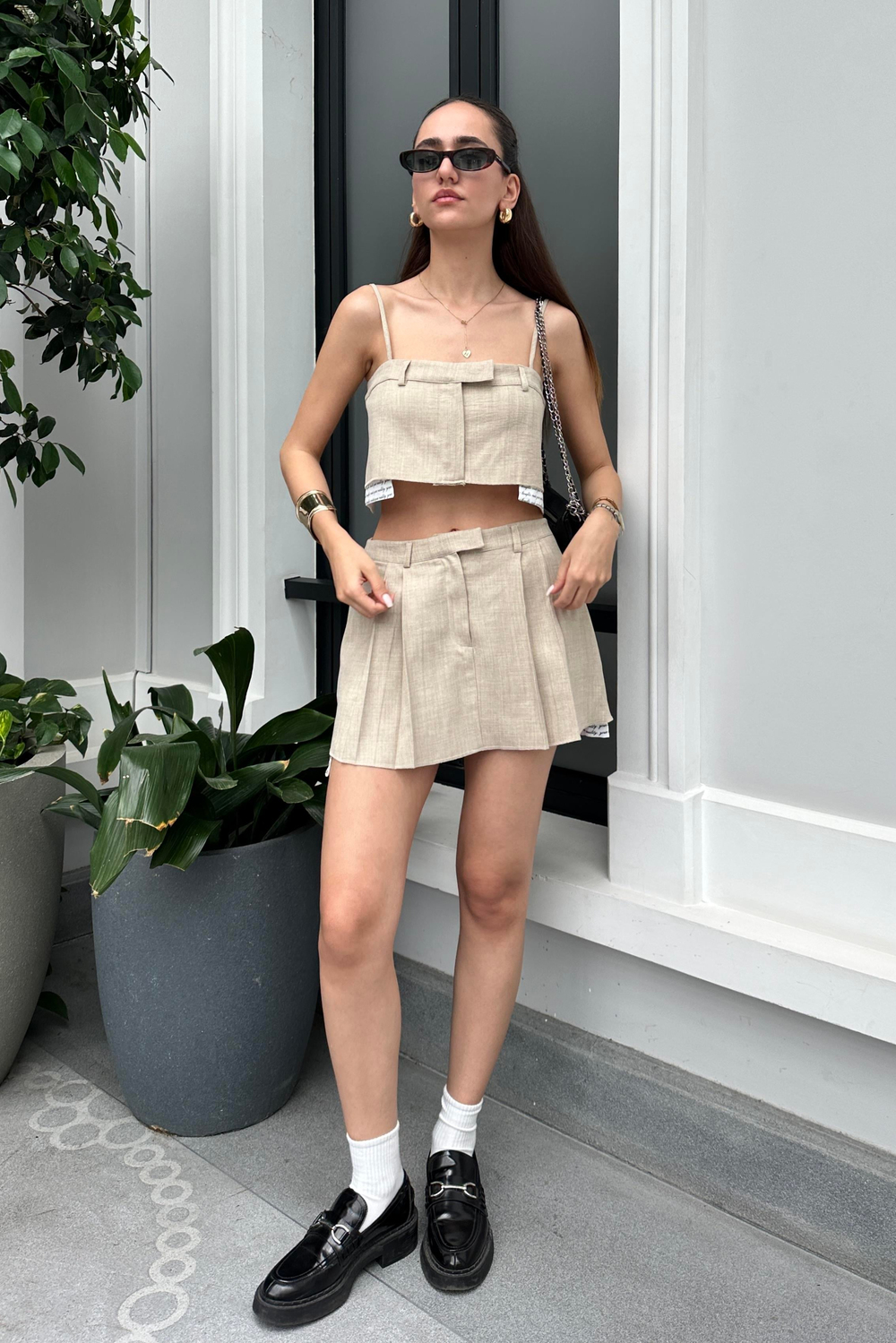 Taş Renk Büstiyer Mini Etek Takım - Kadın Takım Modelleri - Nazliye Moda - Kadın Giyim Modası