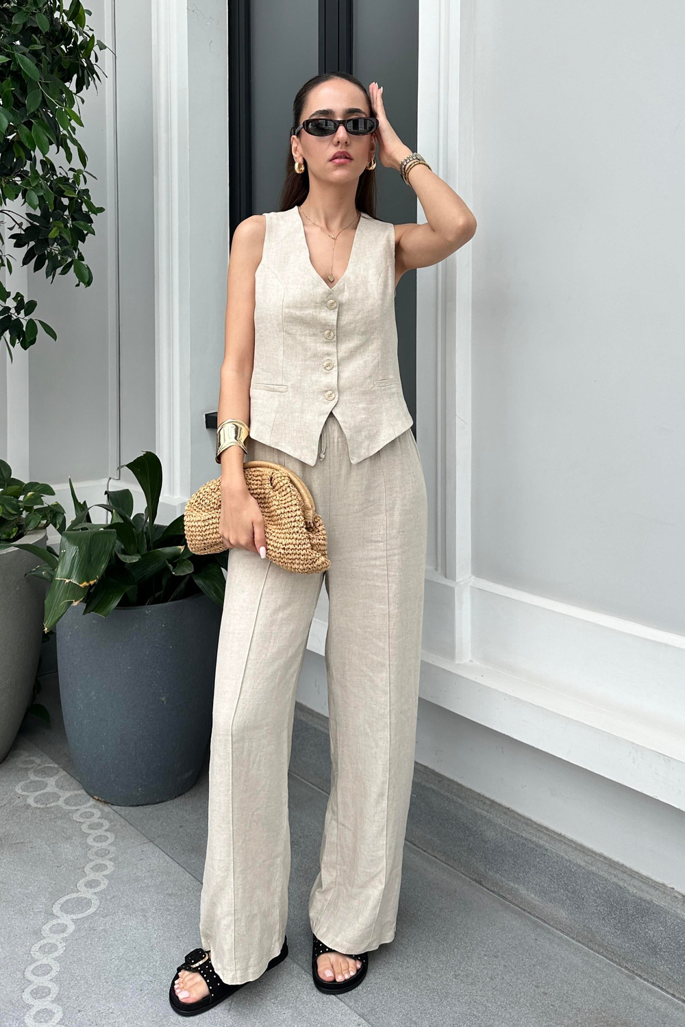 Taş Renk Pantolon Yelek Keten Takım - Kadın Takım Modelleri - Nazliye Moda - Kadın Giyim Modası