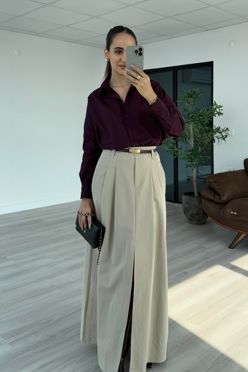 Taş Renk Yırtmaçlı Uzun Etek - Kadın Etek Modelleri - Nazliye Moda | Kadın Giyim Modası