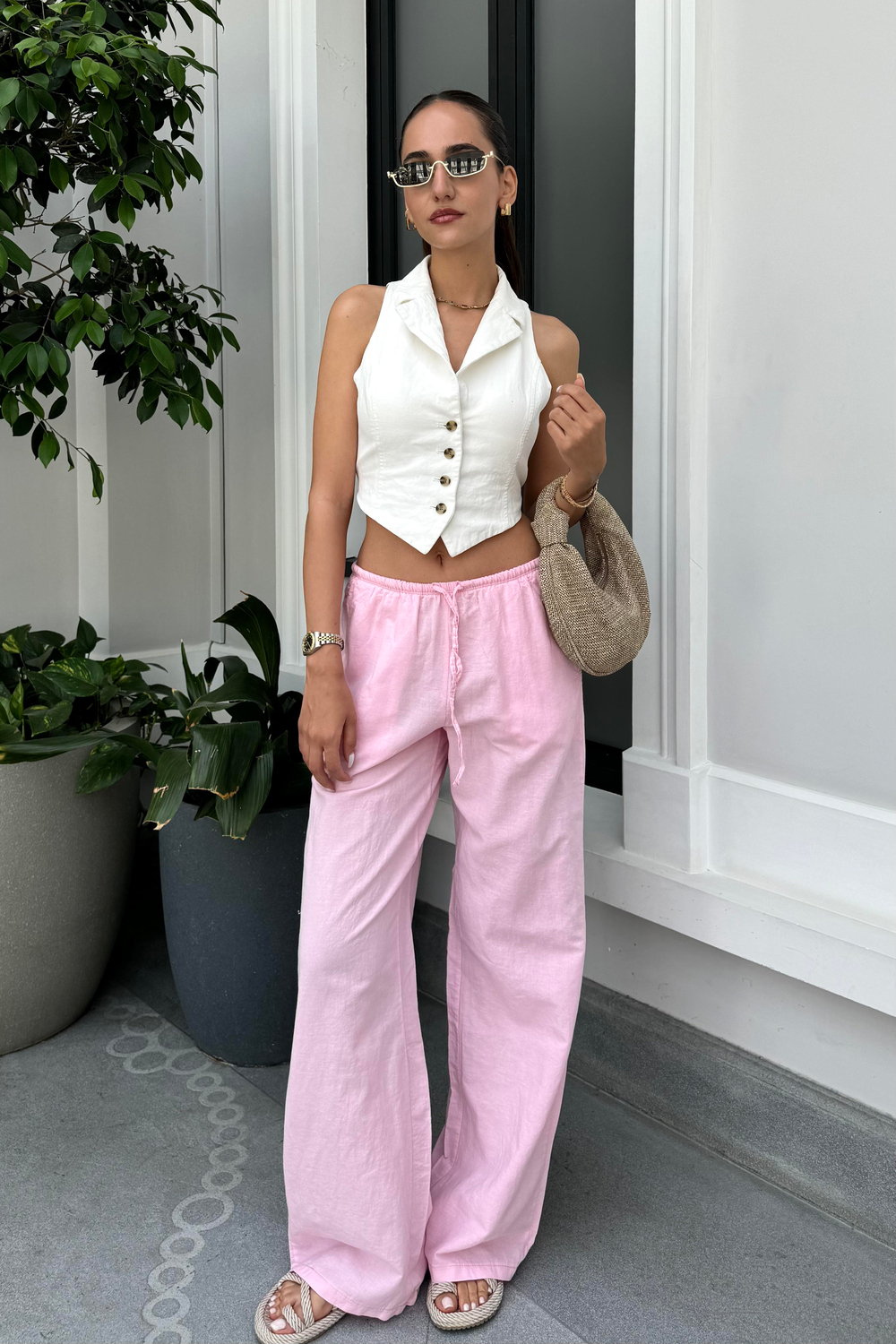 Toz Pembe Bağcıklı Keten Pantolon - Kadın Pantolon Modelleri - Nazliye Moda - Kadın Giyim Modası