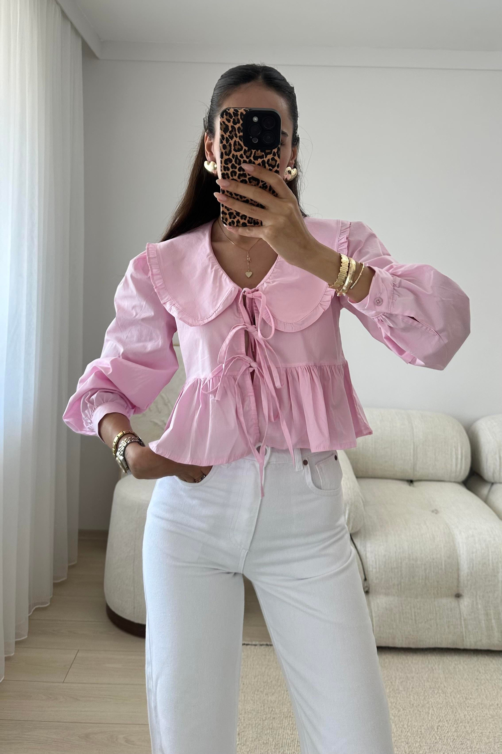 Toz Pembe Bebe Yaka Gömlek - Kadın Gömlek Modelleri - Nazliye Moda - Kadın Giyim Modası