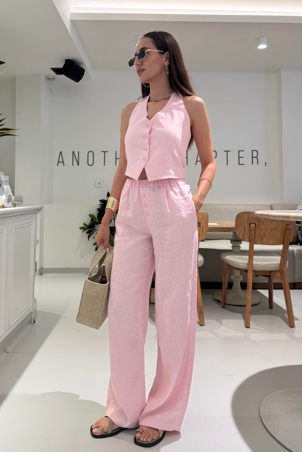 Toz Pembe Lastikli Premium Keten Pantolon - Kadın Pantolon Modelleri - Nazliye Moda | Kadın Giyim Modası