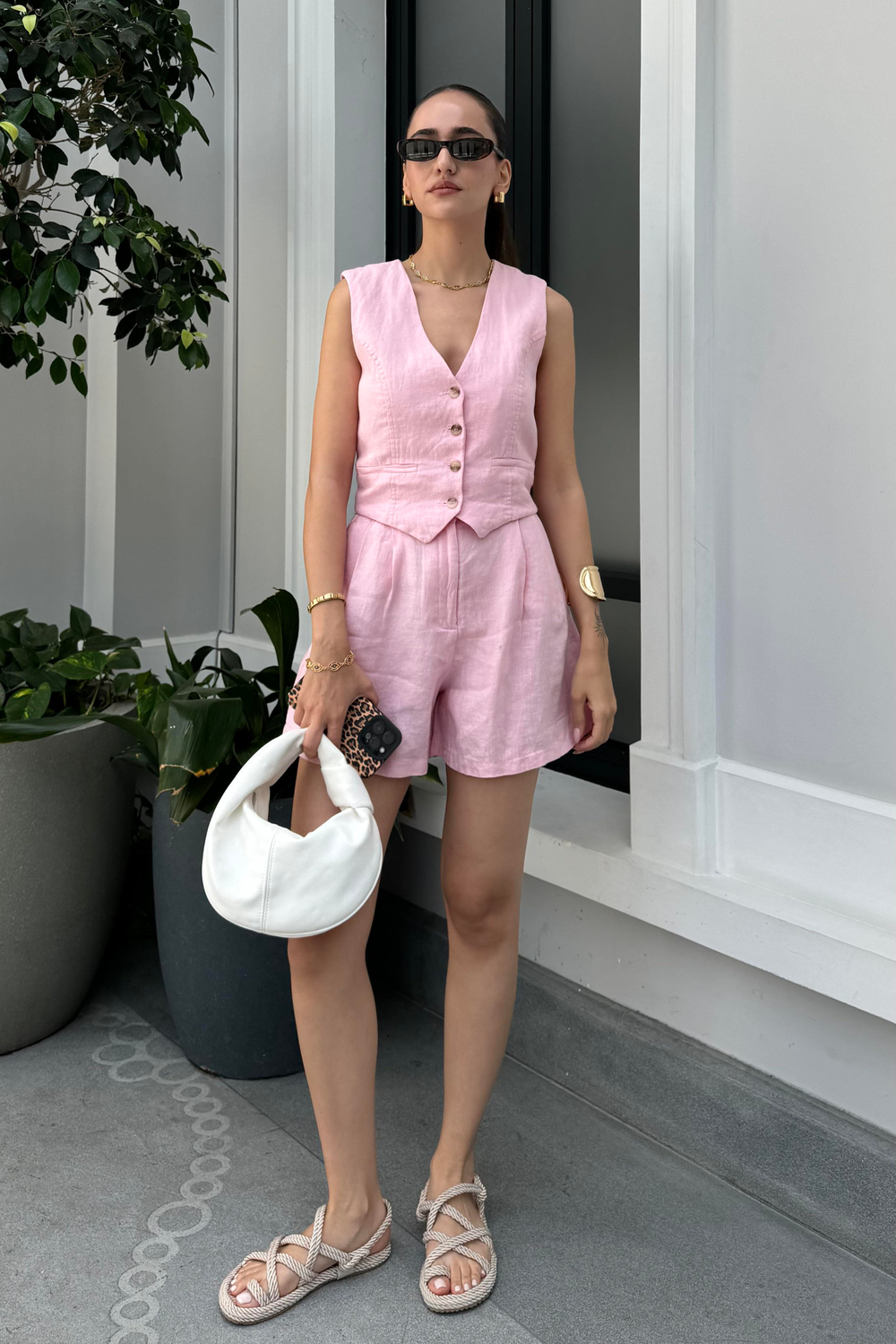 Toz Pembe Premium Şort Yelek Keten Takım - Kadın Takım Modelleri - Nazliye Moda - Kadın Giyim Modası