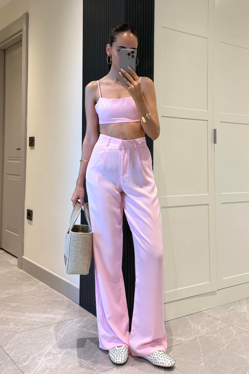 Toz Pembe Tensel Pantolon - Kadın Pantolon Modelleri - Nazliye Moda | Kadın Giyim Modası