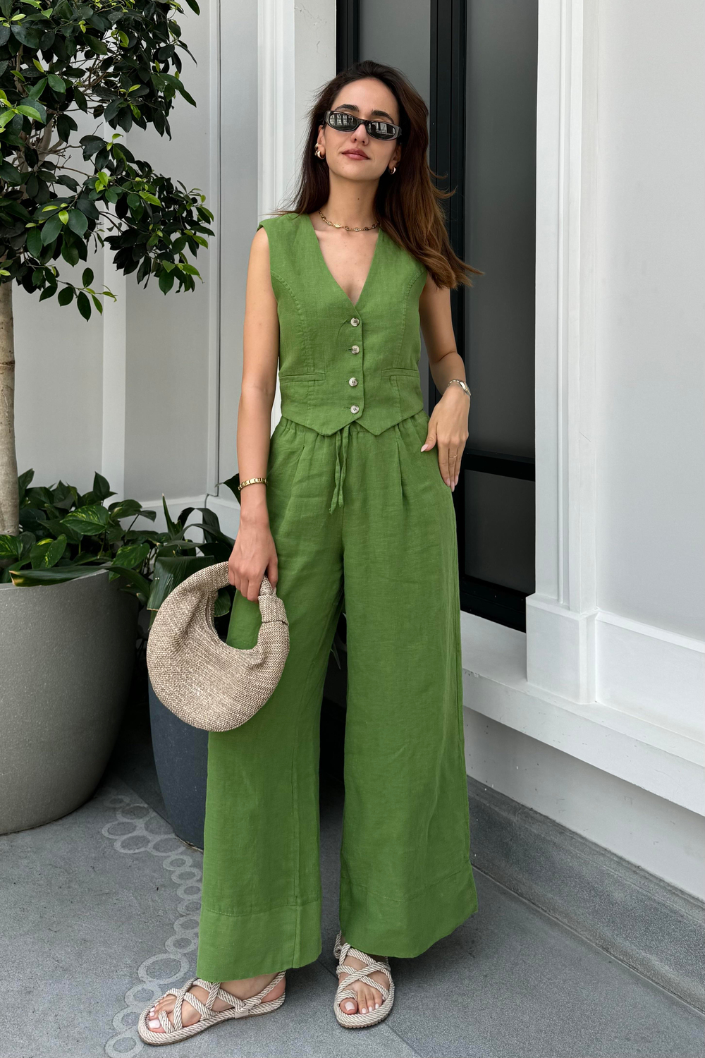 Yeşil Premium Keten Takım - Kadın Takım Modelleri - Nazliye Moda - Kadın Giyim Modası