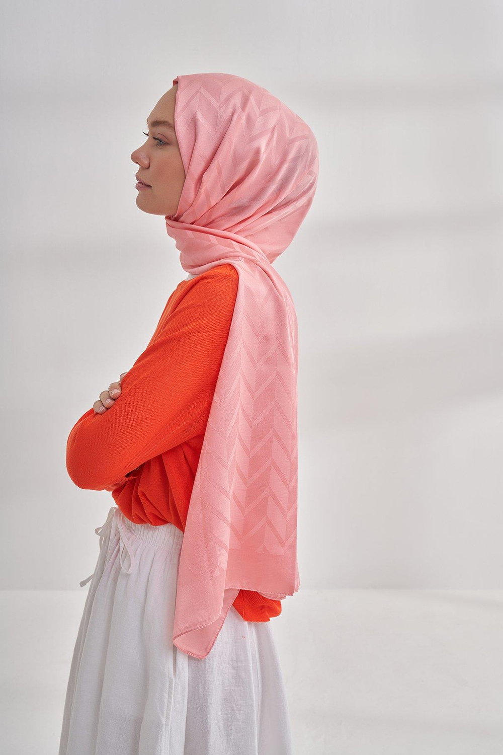 Armanda Jakarlı Şal - Zigzag Desenli - Mercan