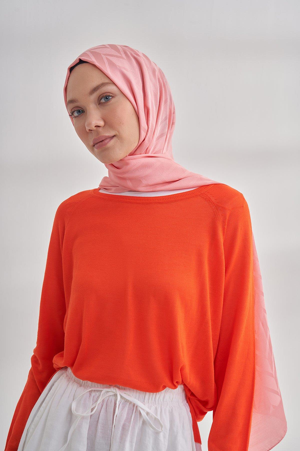 Armanda Jakarlı Şal - Zigzag Desenli - Mercan