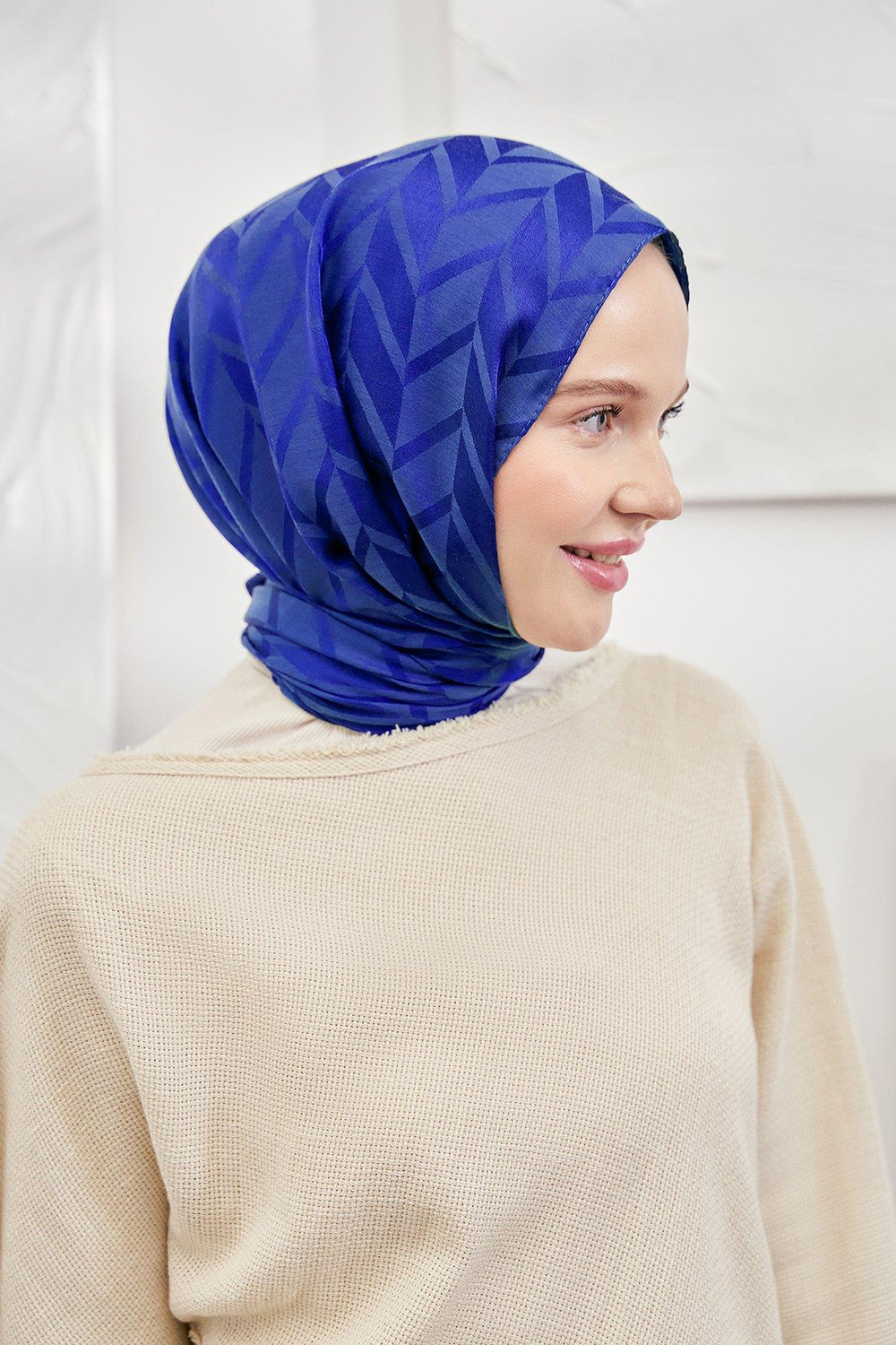 Armanda Jakarlı Şal - Zigzag Desenli - Saks