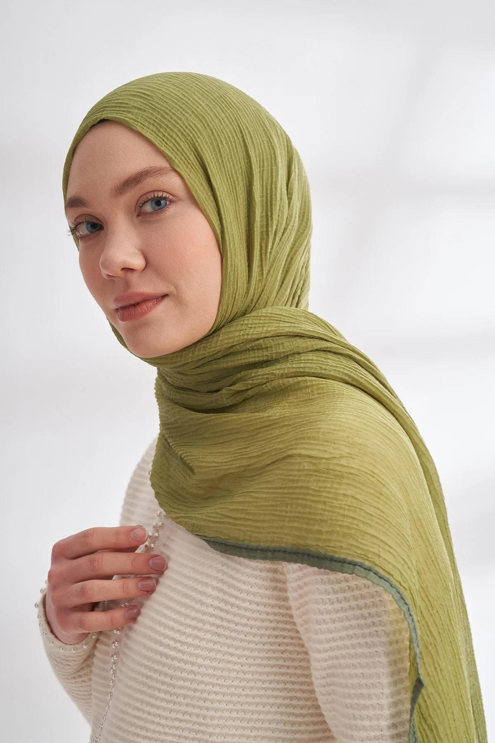 Armanda Müslin Biyeli Şal - Olive