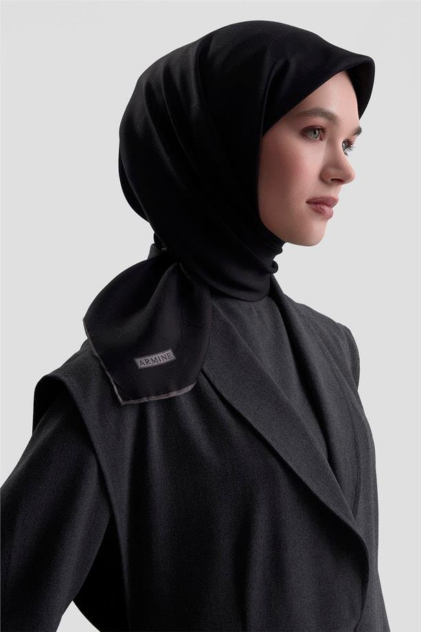 Armine Düz İpek Eşarp - 2001-20 Siyah Jakar