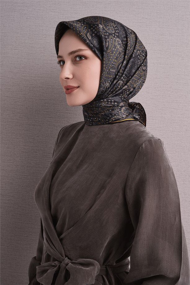 Armine İpek Eşarp 2027 Kış - 9631-32 Siyah Sarı Twill
