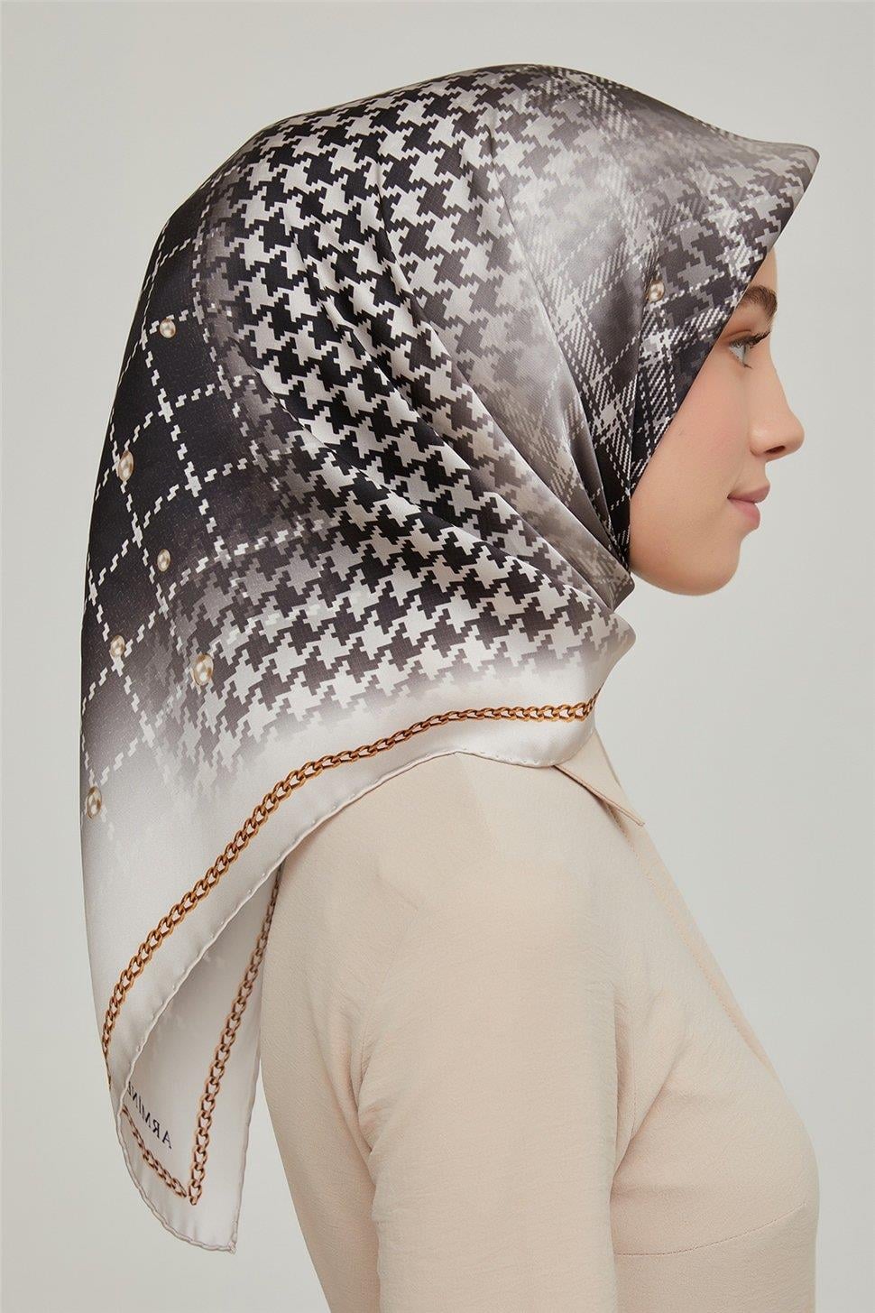 Armine İpek Eşarp Nostalji - 8612-04 Krem Siyah Twill
