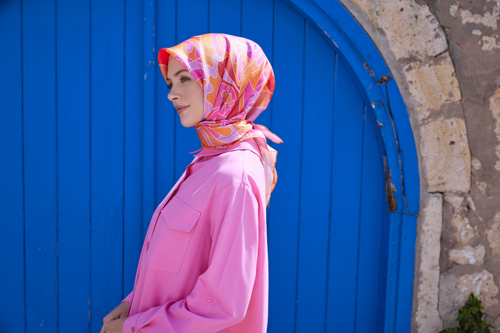 Belli İpek Eşarp - 4032-54 Fuşya Turuncu Twill